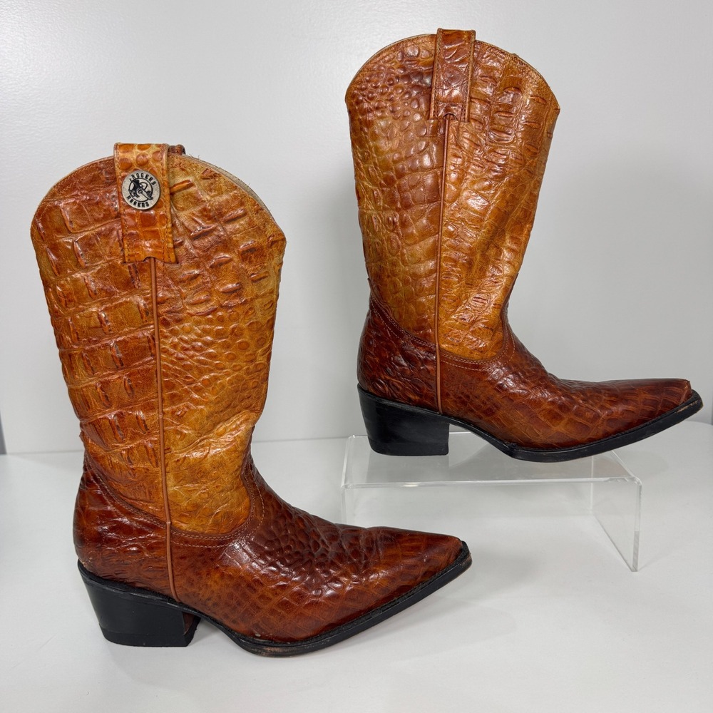 Rogers Boots Boys Cognac Brown Alligator Embossed Leather‎ Cowboy Boots 4.5Y
